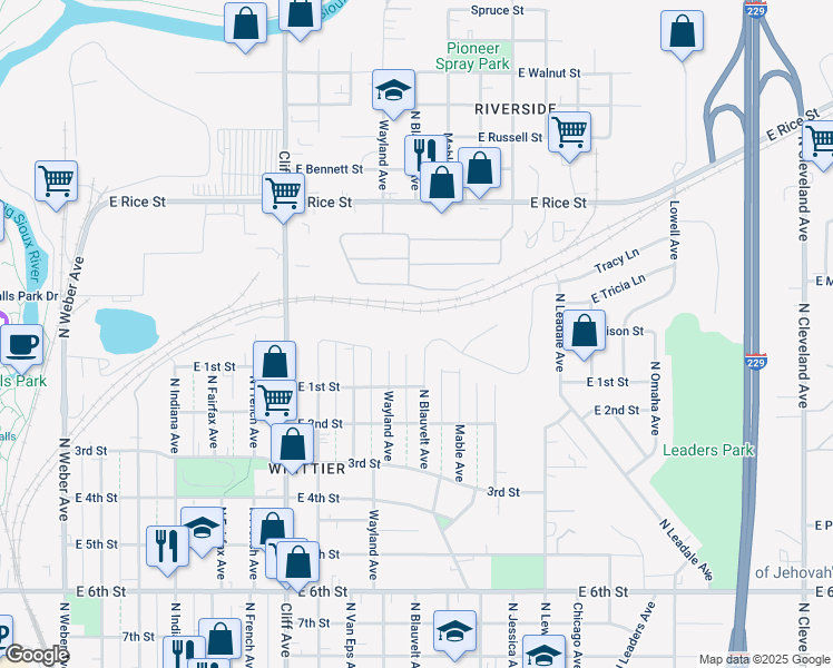 map of restaurants, bars, coffee shops, grocery stores, and more near 923 North Blauvelt Avenue in Sioux Falls