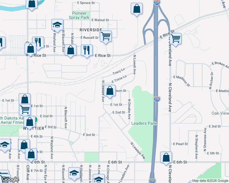 map of restaurants, bars, coffee shops, grocery stores, and more near 2104 East Madison Street in Sioux Falls