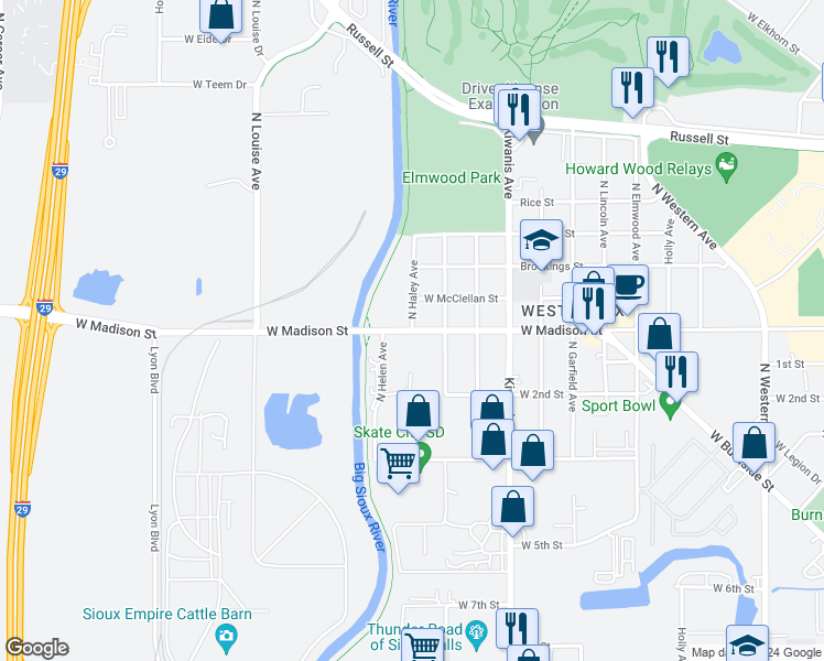 map of restaurants, bars, coffee shops, grocery stores, and more near 502 North Haley Avenue in Sioux Falls