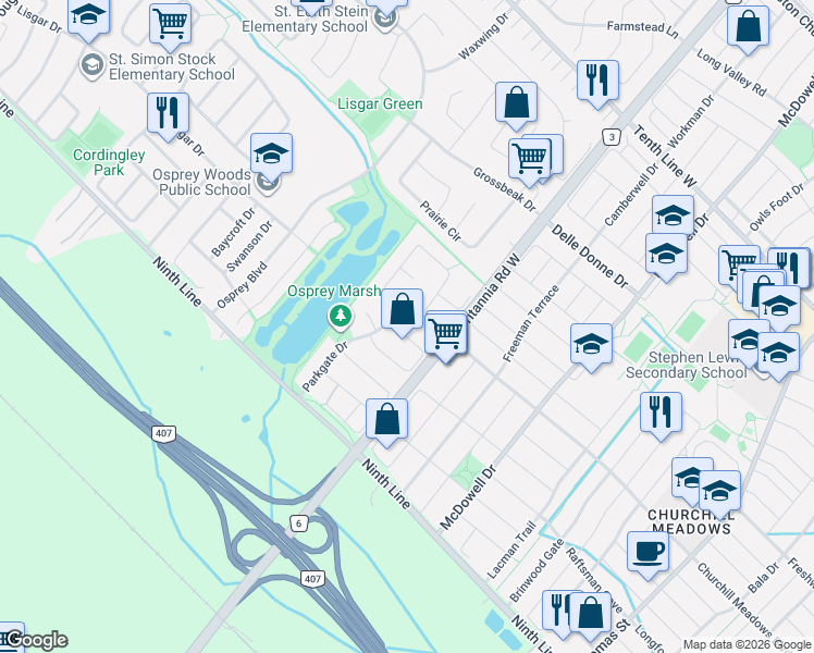 map of restaurants, bars, coffee shops, grocery stores, and more near in Mississauga