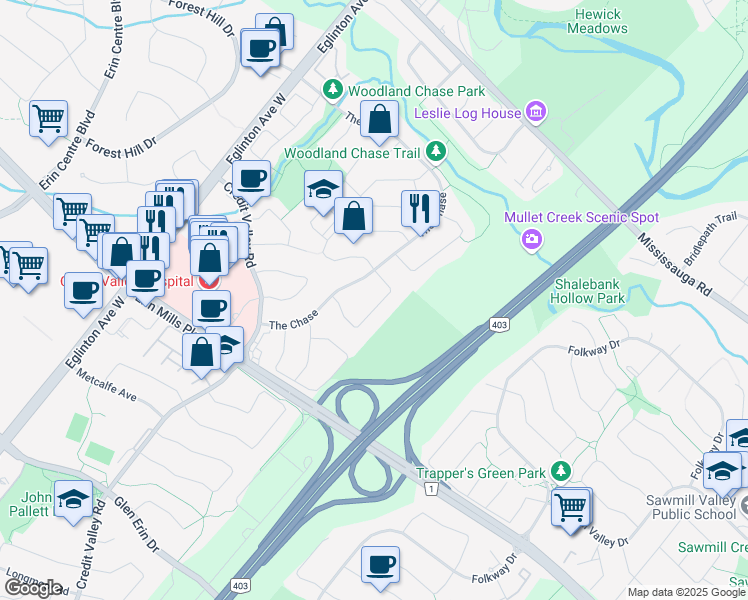 map of restaurants, bars, coffee shops, grocery stores, and more near 4429 Sedgefield Road in Mississauga