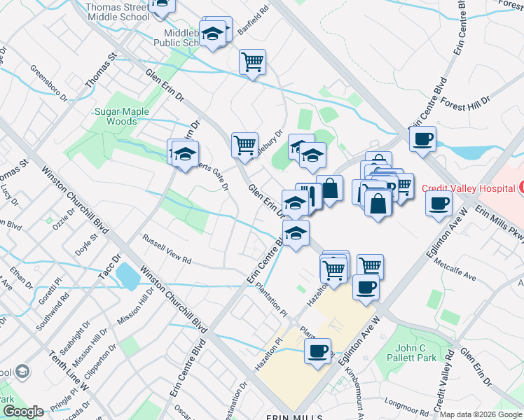 map of restaurants, bars, coffee shops, grocery stores, and more near 5230 Glen Erin Drive in Mississauga