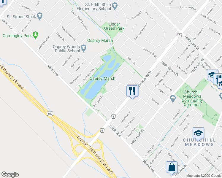 map of restaurants, bars, coffee shops, grocery stores, and more near 3893 Parkgate Drive in Mississauga