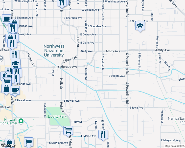 map of restaurants, bars, coffee shops, grocery stores, and more near 1023 East Connecticut Avenue in Nampa