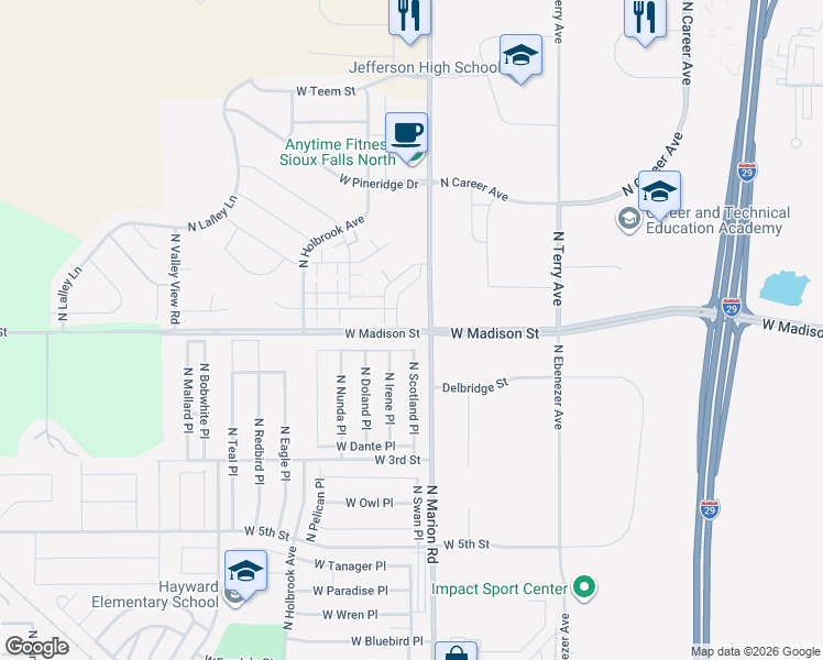 map of restaurants, bars, coffee shops, grocery stores, and more near 901 North Marion Road in Sioux Falls