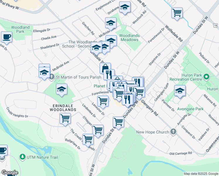 map of restaurants, bars, coffee shops, grocery stores, and more near 1125 Forestwood Drive in Mississauga