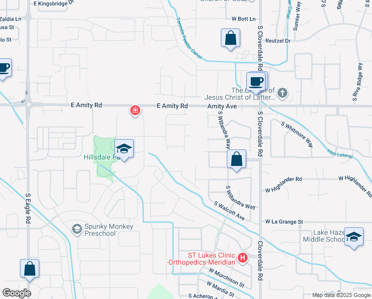 map of restaurants, bars, coffee shops, grocery stores, and more near 4085 East Amity Road in Meridian