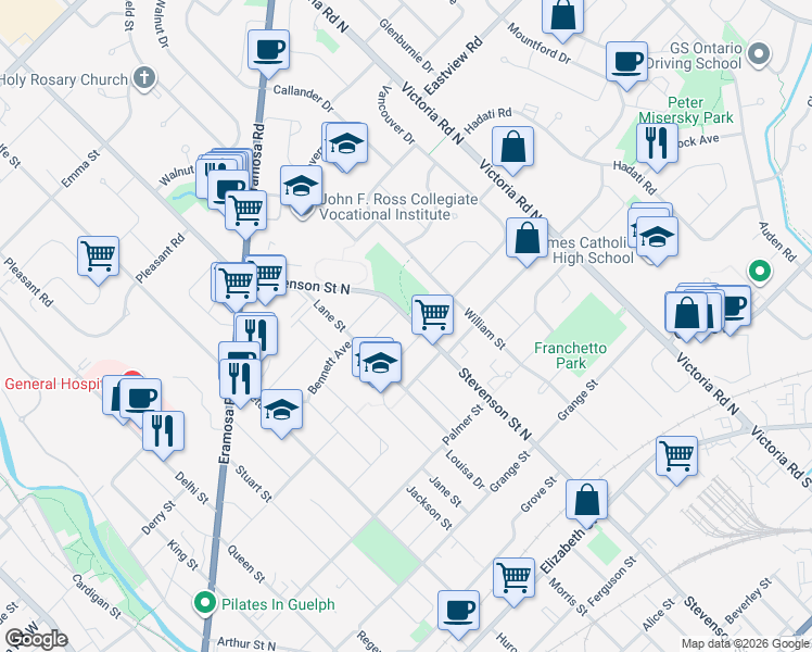 map of restaurants, bars, coffee shops, grocery stores, and more near 214 Stevenson Street North in Guelph