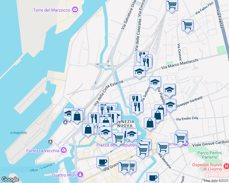 map of restaurants, bars, coffee shops, grocery stores, and more near 9 Scali Cerere in Livorno