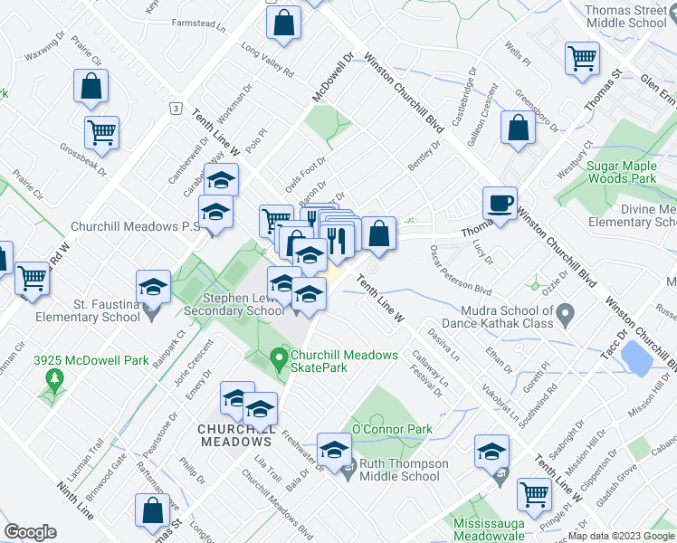 map of restaurants, bars, coffee shops, grocery stores, and more near 5606 Tenth Line West in Mississauga