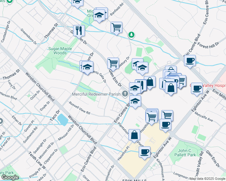 map of restaurants, bars, coffee shops, grocery stores, and more near 5287 Ruperts Gate Drive in Mississauga