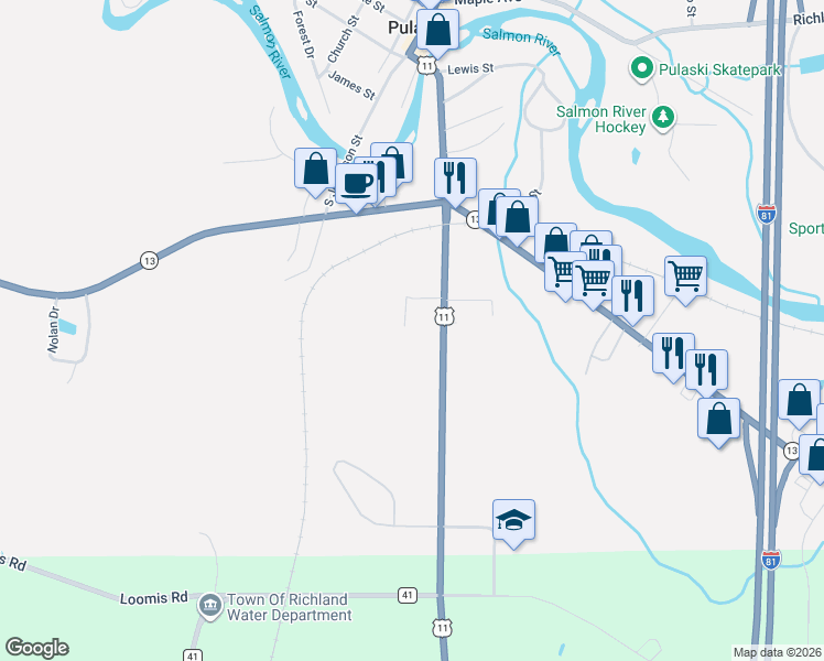 map of restaurants, bars, coffee shops, grocery stores, and more near 28 Scotch Grove Road in Pulaski