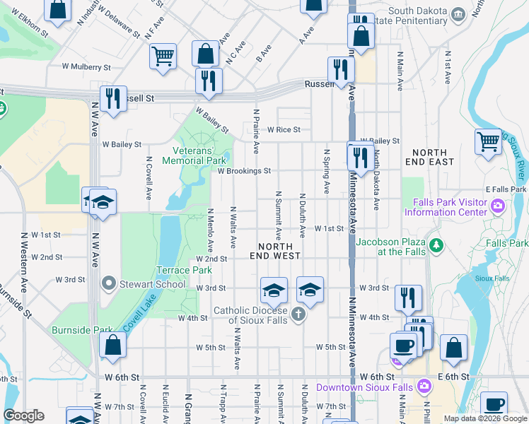 map of restaurants, bars, coffee shops, grocery stores, and more near 916 North Prairie Avenue in Sioux Falls