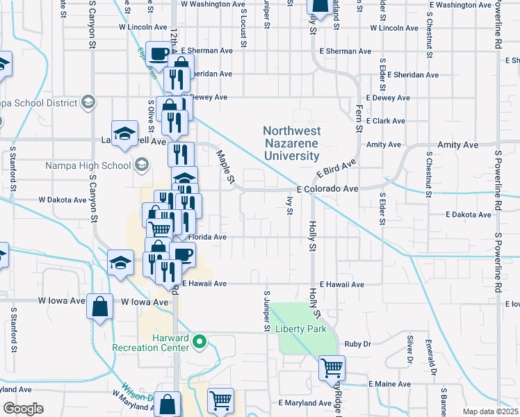 map of restaurants, bars, coffee shops, grocery stores, and more near 509 East Colorado Avenue in Nampa