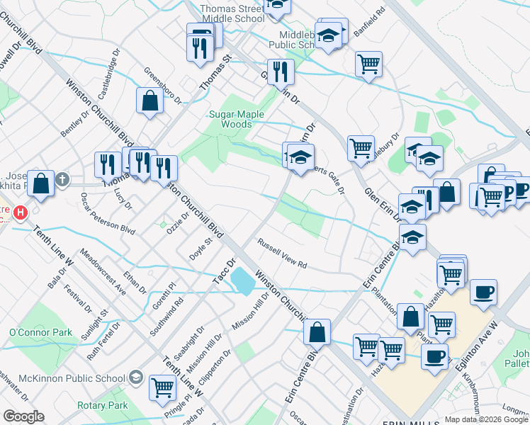 map of restaurants, bars, coffee shops, grocery stores, and more near 2895 Duncairn Drive in Mississauga