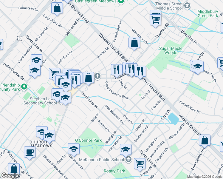 map of restaurants, bars, coffee shops, grocery stores, and more near 5585 Oscar Peterson Boulevard in Mississauga