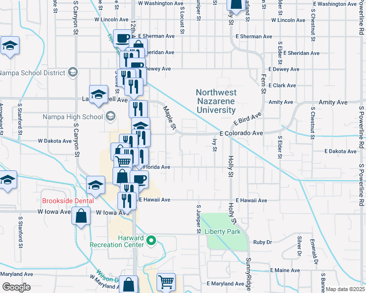 map of restaurants, bars, coffee shops, grocery stores, and more near 509 East Colorado Avenue in Nampa