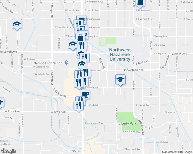 map of restaurants, bars, coffee shops, grocery stores, and more near 1028 Nectarine Street in Nampa