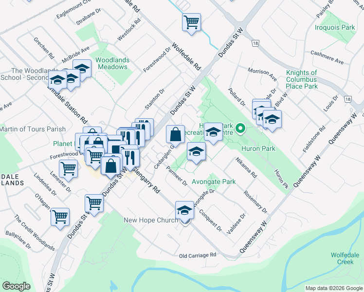 map of restaurants, bars, coffee shops, grocery stores, and more near 1000 Cedarglen Gate in Mississauga