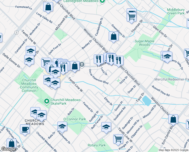 map of restaurants, bars, coffee shops, grocery stores, and more near 5585 Oscar Peterson Boulevard in Mississauga