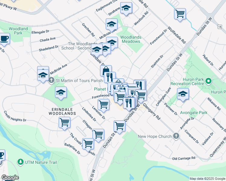 map of restaurants, bars, coffee shops, grocery stores, and more near 1111 Forestwood Drive in Mississauga
