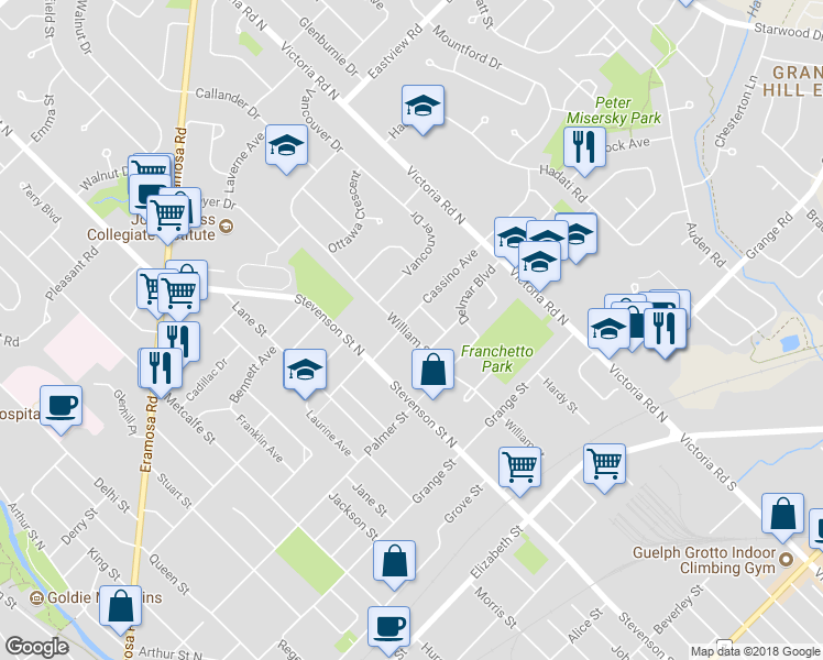 map of restaurants, bars, coffee shops, grocery stores, and more near 77 William Street in Guelph