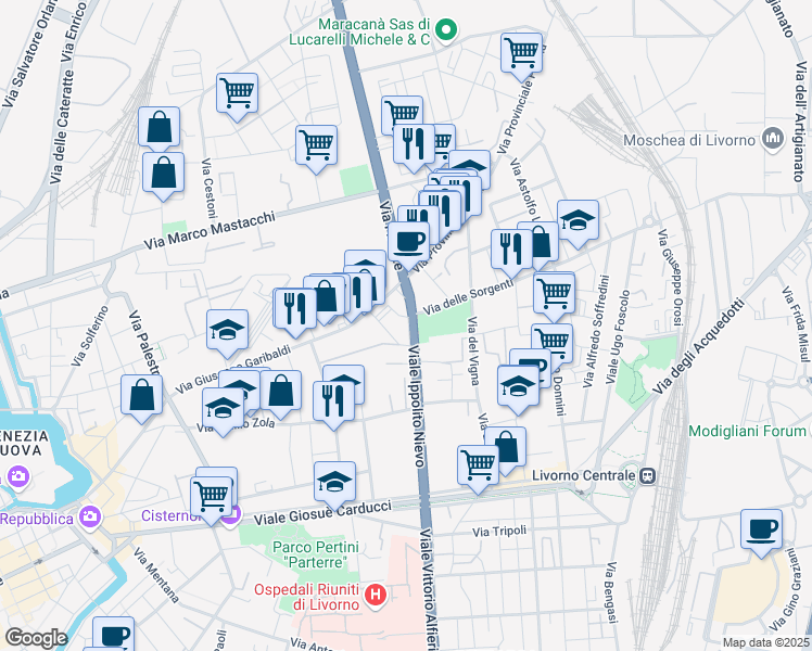 map of restaurants, bars, coffee shops, grocery stores, and more near 61 Viale Ippolito Nievo in Livorno