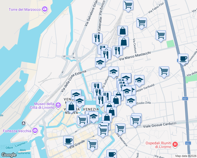 map of restaurants, bars, coffee shops, grocery stores, and more near 22 Via Eugenia in Livorno