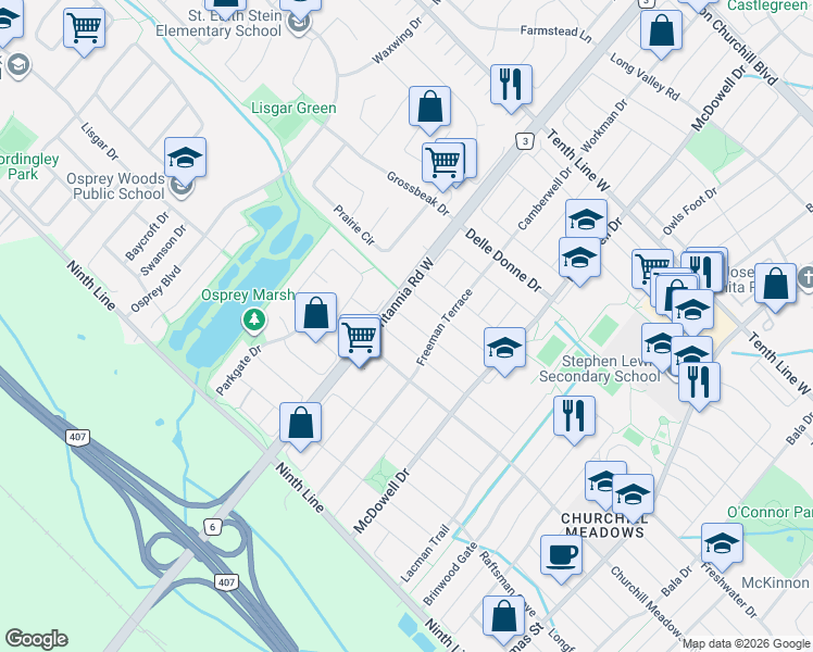 map of restaurants, bars, coffee shops, grocery stores, and more near in Mississauga