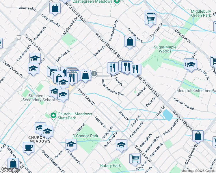 map of restaurants, bars, coffee shops, grocery stores, and more near 5585 Oscar Peterson Boulevard in Mississauga