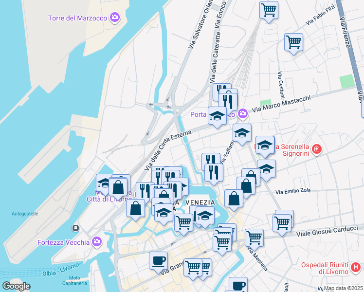 map of restaurants, bars, coffee shops, grocery stores, and more near 9 Scali Cerere in Livorno