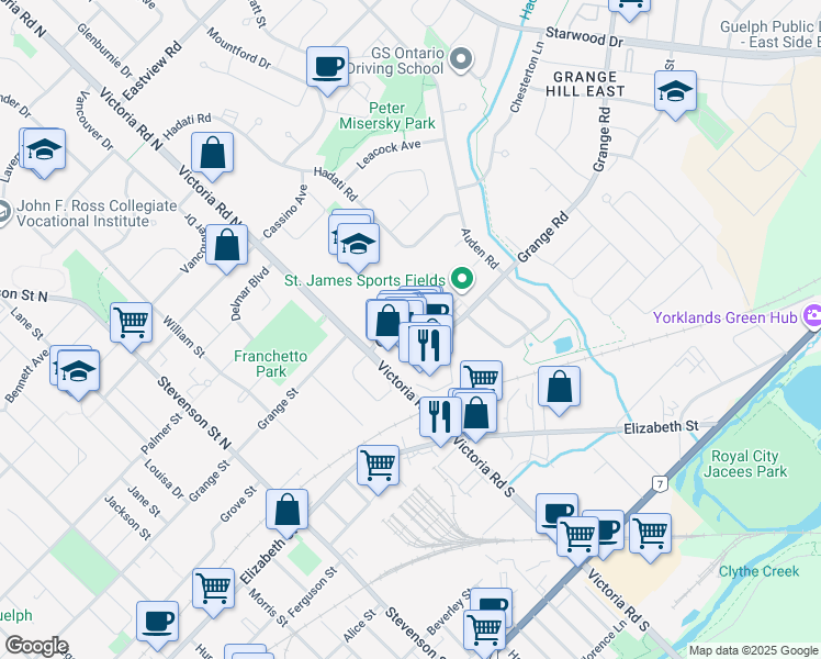 map of restaurants, bars, coffee shops, grocery stores, and more near 252 Grange Road in Guelph