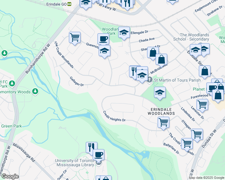 map of restaurants, bars, coffee shops, grocery stores, and more near 3400 The Credit Woodlands in Mississauga
