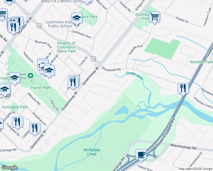 map of restaurants, bars, coffee shops, grocery stores, and more near 625 Sir Richards Road in Mississauga