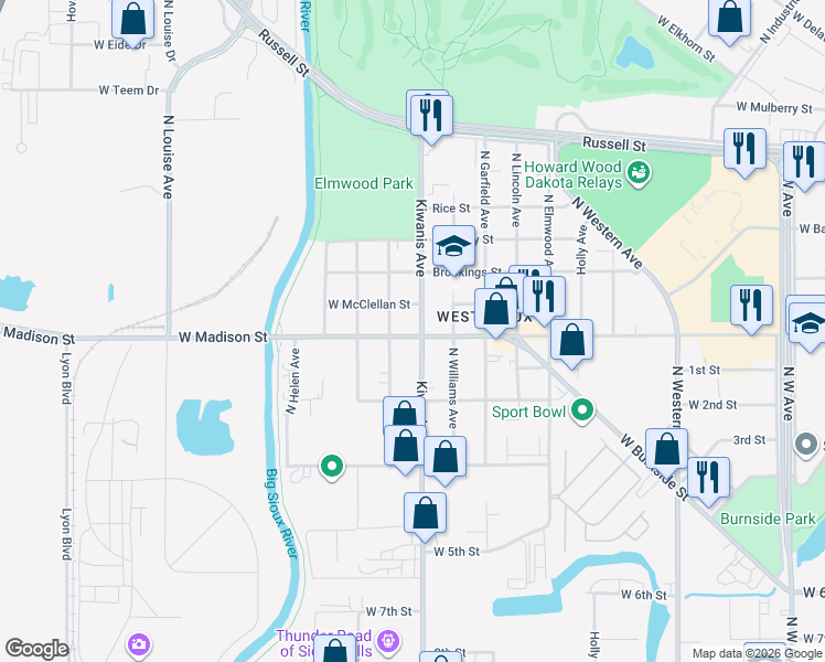 map of restaurants, bars, coffee shops, grocery stores, and more near 1001 North Kiwanis Avenue in Sioux Falls