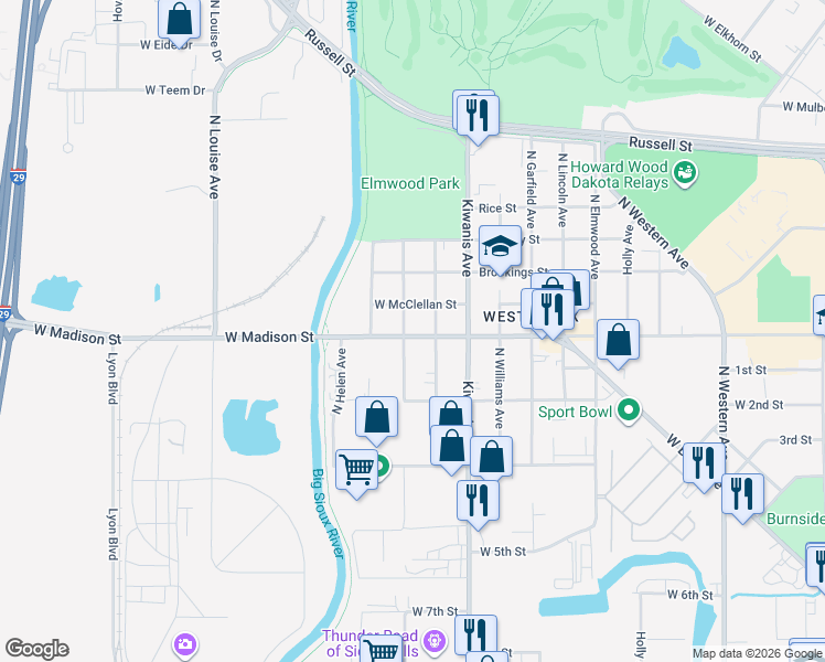map of restaurants, bars, coffee shops, grocery stores, and more near 2704 West Madison Street in Sioux Falls