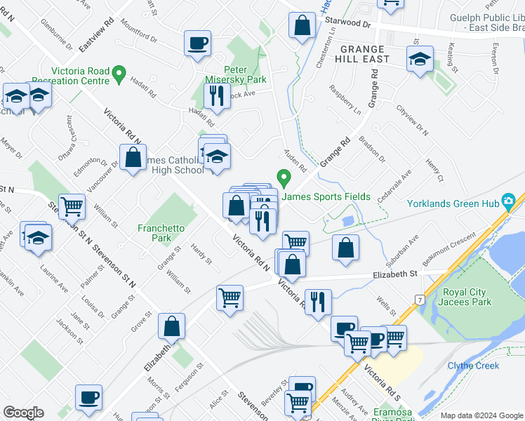 map of restaurants, bars, coffee shops, grocery stores, and more near 264 Grange Road in Guelph