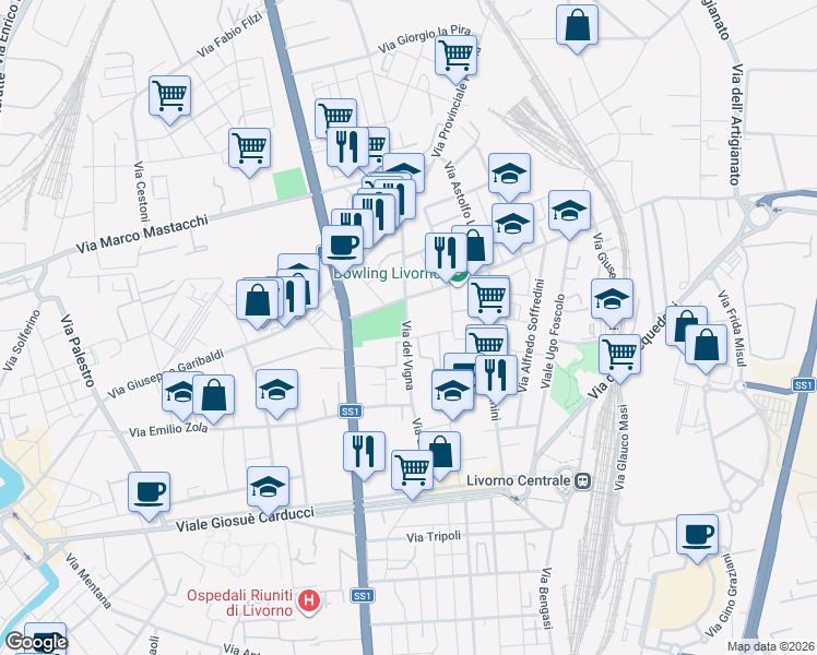 map of restaurants, bars, coffee shops, grocery stores, and more near 202 Via del Vigna in Livorno