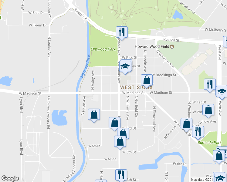 map of restaurants, bars, coffee shops, grocery stores, and more near 2608 West Madison Street in Sioux Falls