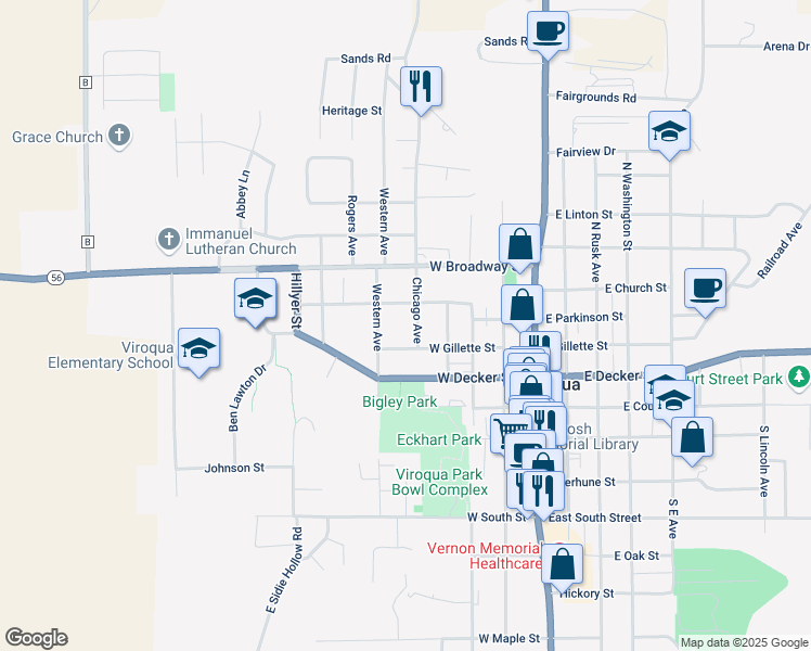 map of restaurants, bars, coffee shops, grocery stores, and more near 318 Chicago Avenue in Viroqua