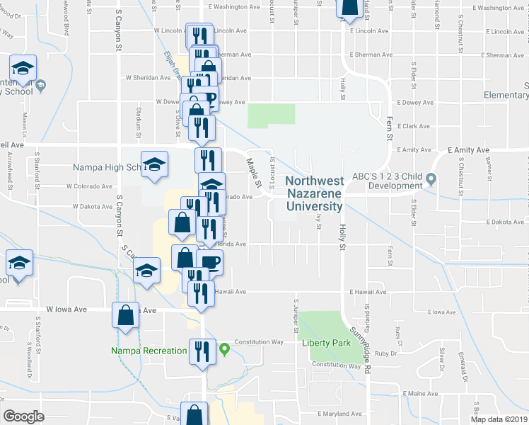 map of restaurants, bars, coffee shops, grocery stores, and more near 1016 Maple Street in Nampa