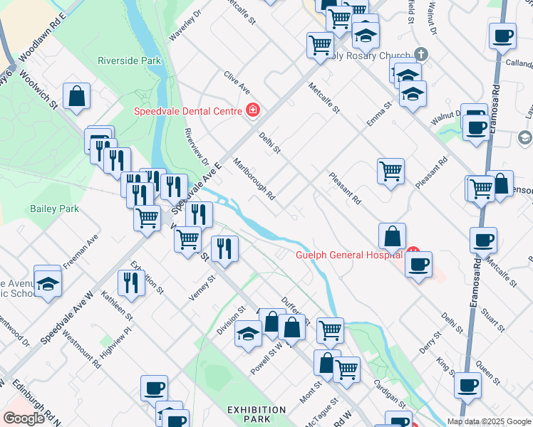 map of restaurants, bars, coffee shops, grocery stores, and more near in Guelph