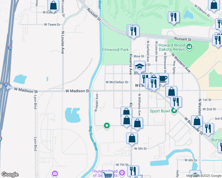 map of restaurants, bars, coffee shops, grocery stores, and more near 2704 West Madison Street in Sioux Falls