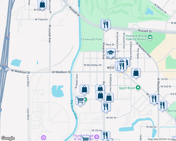 map of restaurants, bars, coffee shops, grocery stores, and more near 2704 West Madison Street in Sioux Falls