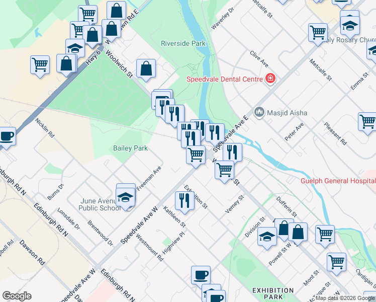 map of restaurants, bars, coffee shops, grocery stores, and more near 666 Woolwich Street in Guelph