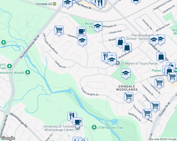 map of restaurants, bars, coffee shops, grocery stores, and more near 3400 The Credit Woodlands in Mississauga