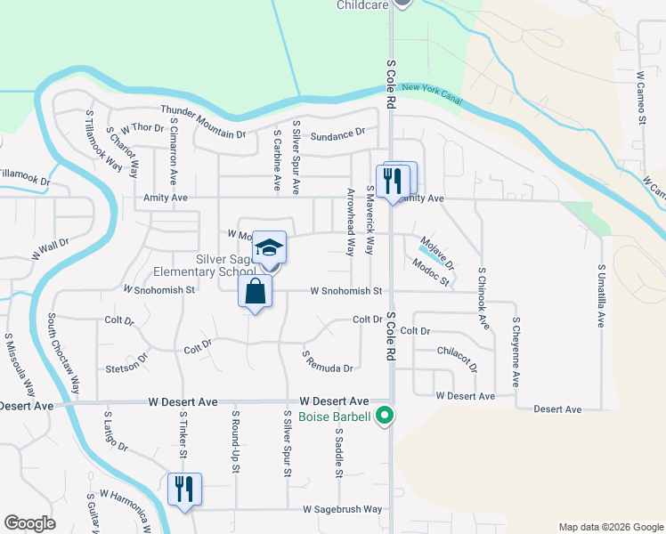 map of restaurants, bars, coffee shops, grocery stores, and more near 7638 West Saddlehorn Court in Boise