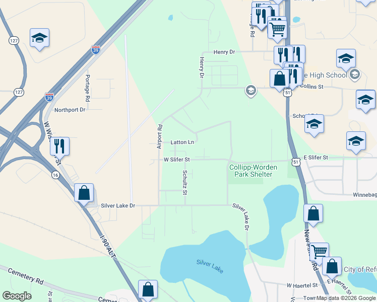 map of restaurants, bars, coffee shops, grocery stores, and more near 601 West Slifer Street in Portage