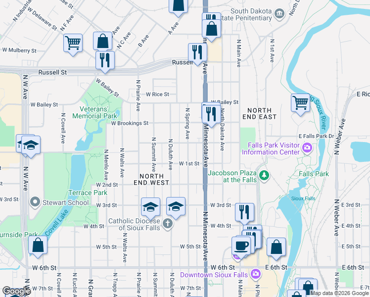 map of restaurants, bars, coffee shops, grocery stores, and more near 925 North Spring Avenue in Sioux Falls