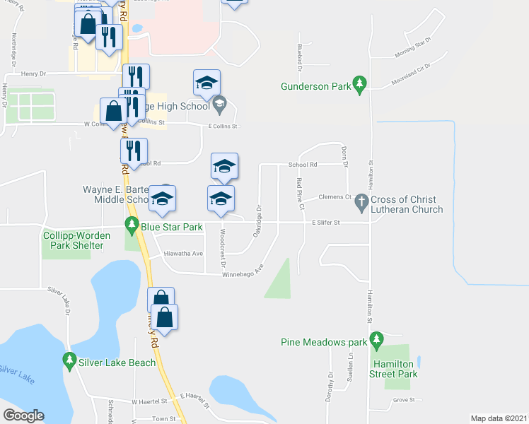 map of restaurants, bars, coffee shops, grocery stores, and more near 510 Oakridge Drive in Portage
